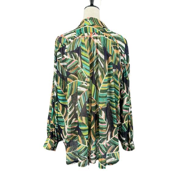 Molly Bracken Green Aloha Print Long Balloon Sleeve Button Up Relaxed Flared Top - Picture 6 of 13